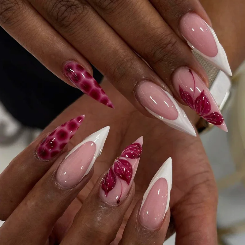 24 Uñas Postizas Largas Estilete, Francesas Blancas con Diseño de Flores, Cobertura Completa, Forma Almendra Rosa