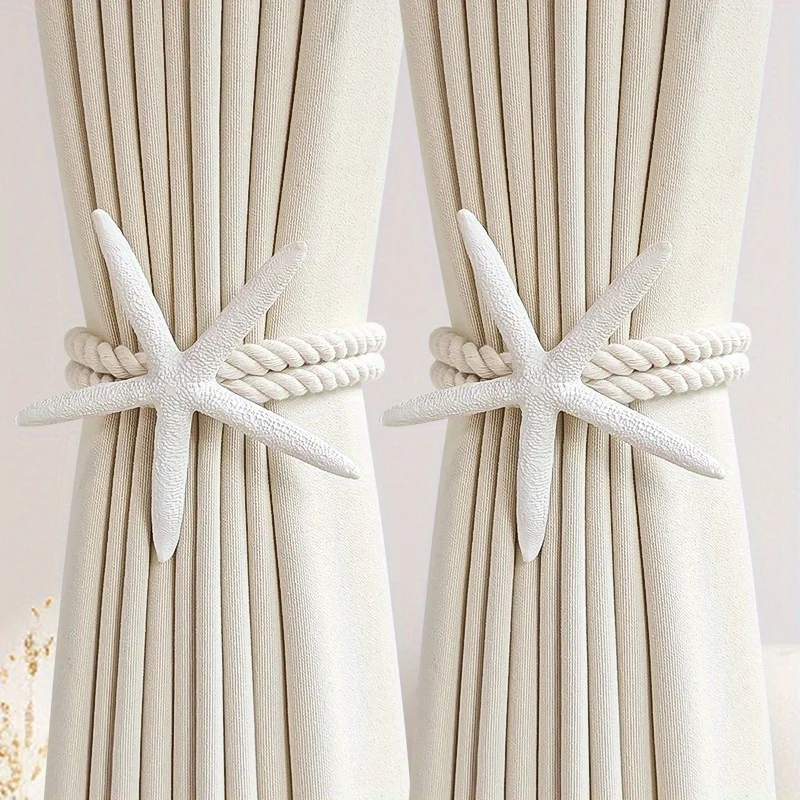 2PCS Natural Starfish Curtain Tiebacks, Handwoven Cotton Linen Rope, Adjustable Window Drapery Holder for Boho Home Decor