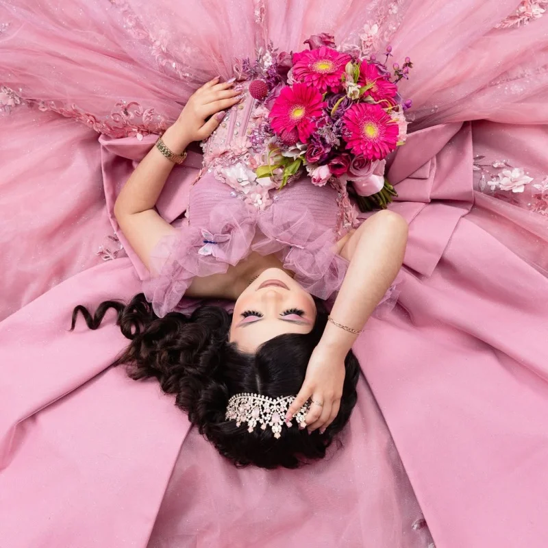 Pink Quinceanera Dress Crystal 3D Flower Decal Long tail off-shoulder Lace Ruffles Bow Vestidos De 15 Quinceanera ﻿Customize