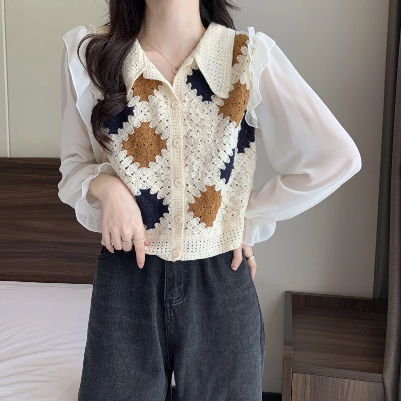 Boring Honey Square Single Breasted T-Shirts Spliced Chiffon Bubble Sleeves Short Tops Women Turndown Collar Women Clothing