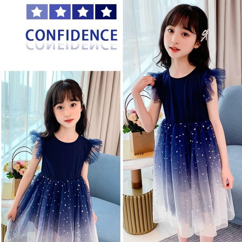 1 Piece of Girl's Summer Dress Starry Sky Gradient Short Sleeved Princess Dress  Fluffy Yarn Children's Birthday Party Dress