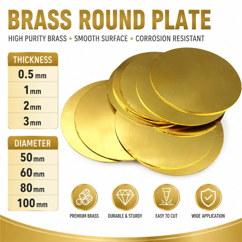Versatile 50/60/80/100mm Brass Round Disc 0.5/1/2/3mm Circle Brass Gasket Plate Brass Circle Plates