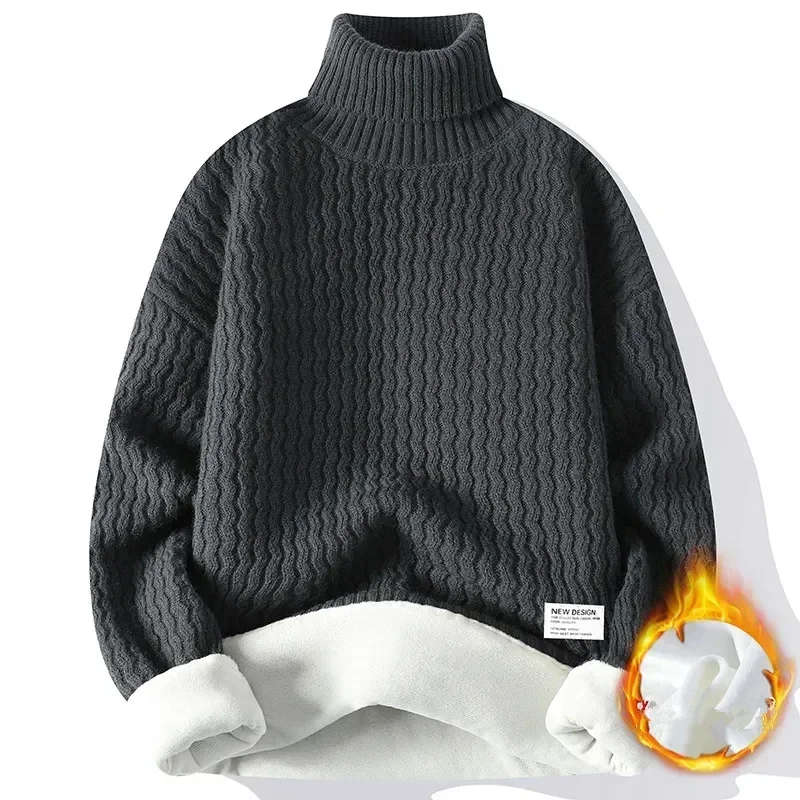 

New Winter Fleece Turtleneck Sweater Men Warm Knit Pullovers Mens Casual Knitted Sweaters Solid Color Knitwear Brand