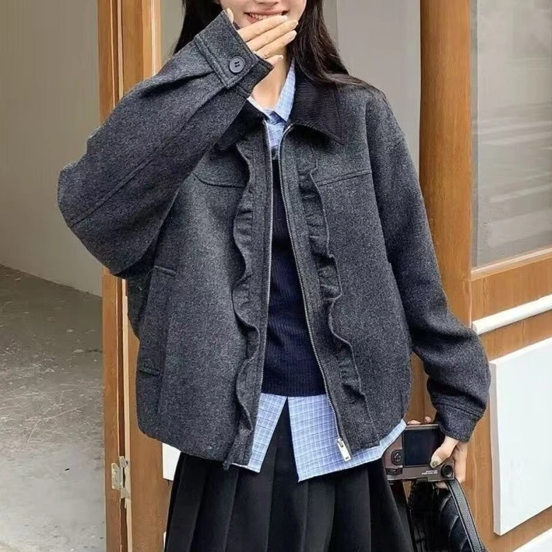Vintage Ruffles Zipper Jacket Women Preppy Style Turn Down Collar Loose Coats Fall Winter American Casual Retro Outwear Tops New
