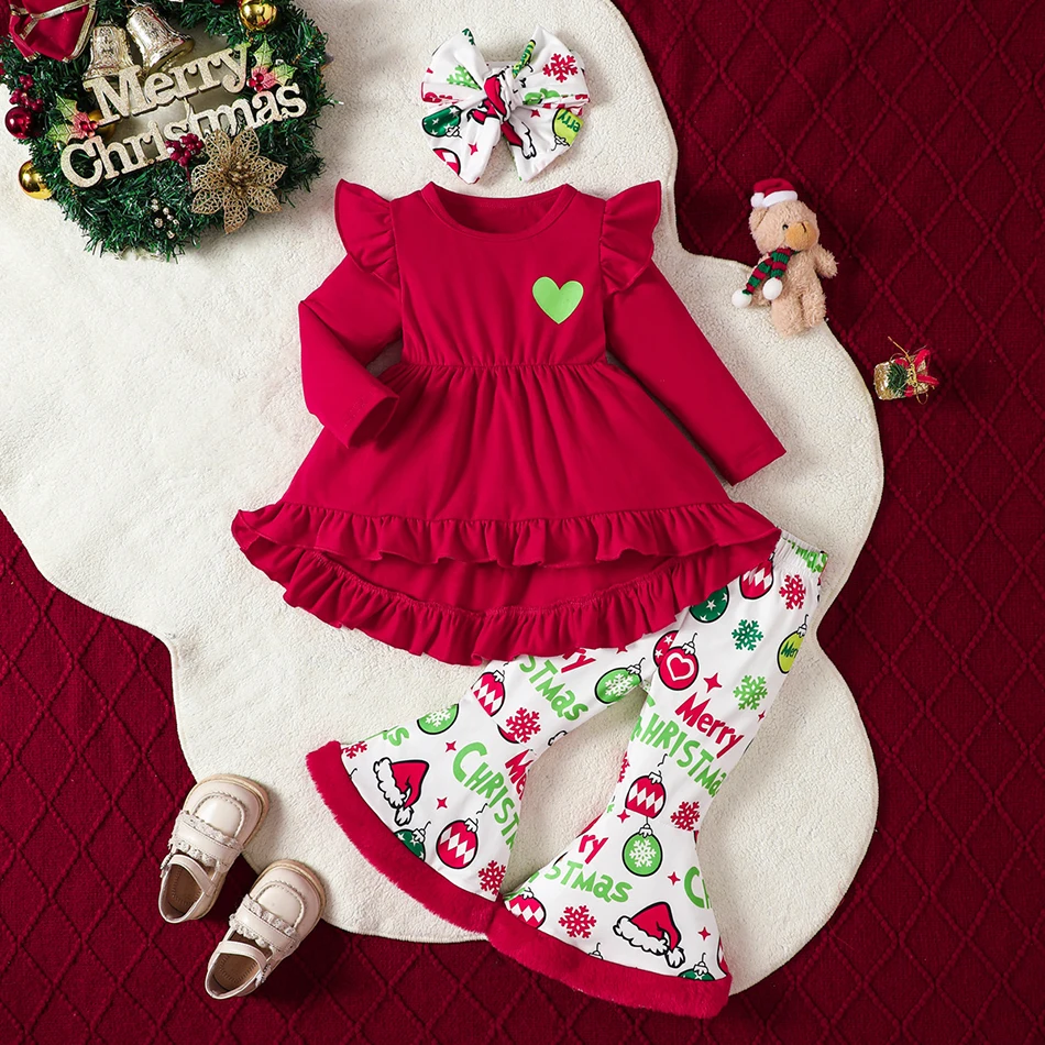 

Christmas Holiday Kidswear Cute Girls Long Sleeve Floral Print Top and Soft Velvet Flared Pants Sets Suitable Celebration Wear