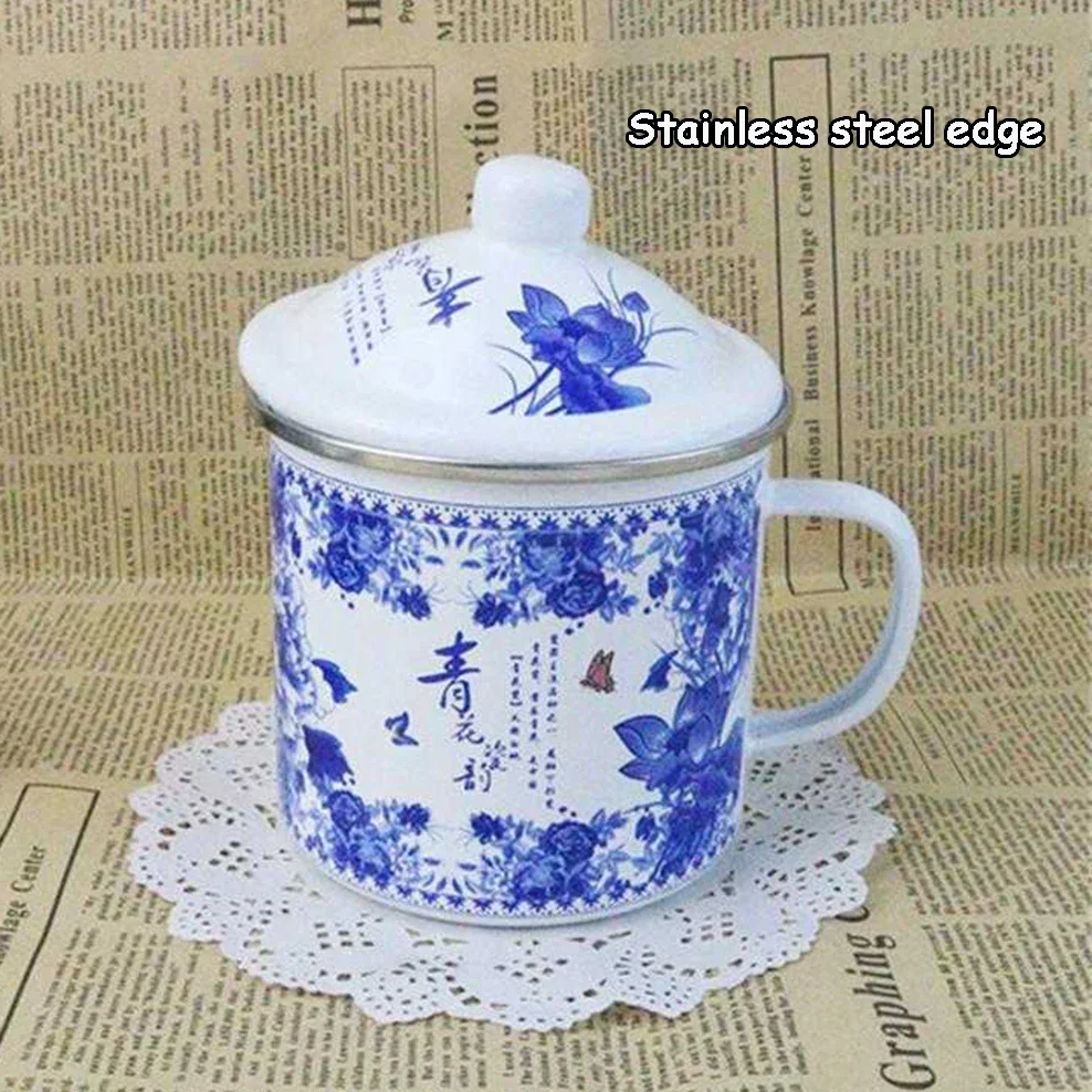 700ML Enamel Cup Chinese Style Blue And White Porcelain Tea Mug With Lid 10CM Caliber Office Teacup Nostalgic Enamel Mug