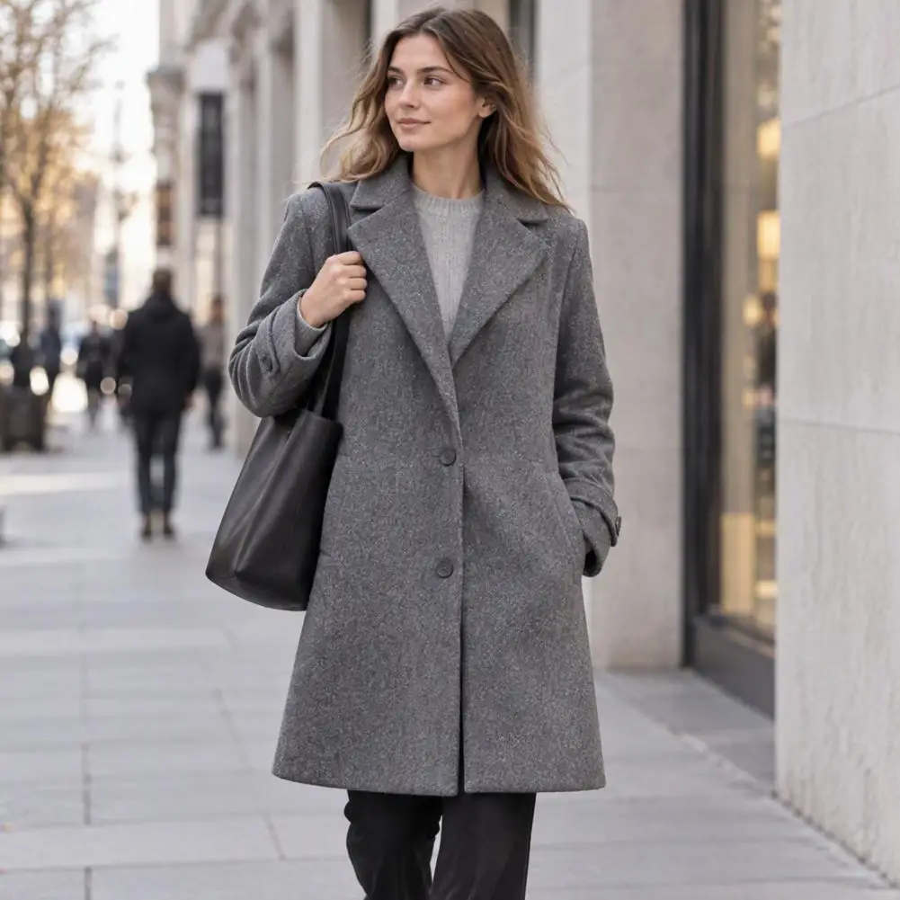 Mid Length Outerwear Women’s Wool Long Coat Notch Lapel Overcoat with Pockets Single Breasted Solid Color Trench Coat for Fall