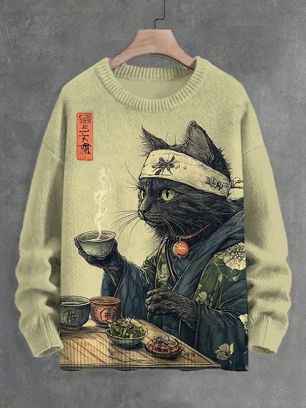 

Men's Cat Drinking Tea Japanese Tea Ceremony Art Print Knit Sweatshirt Pullover Sweater Women For Men Sweater