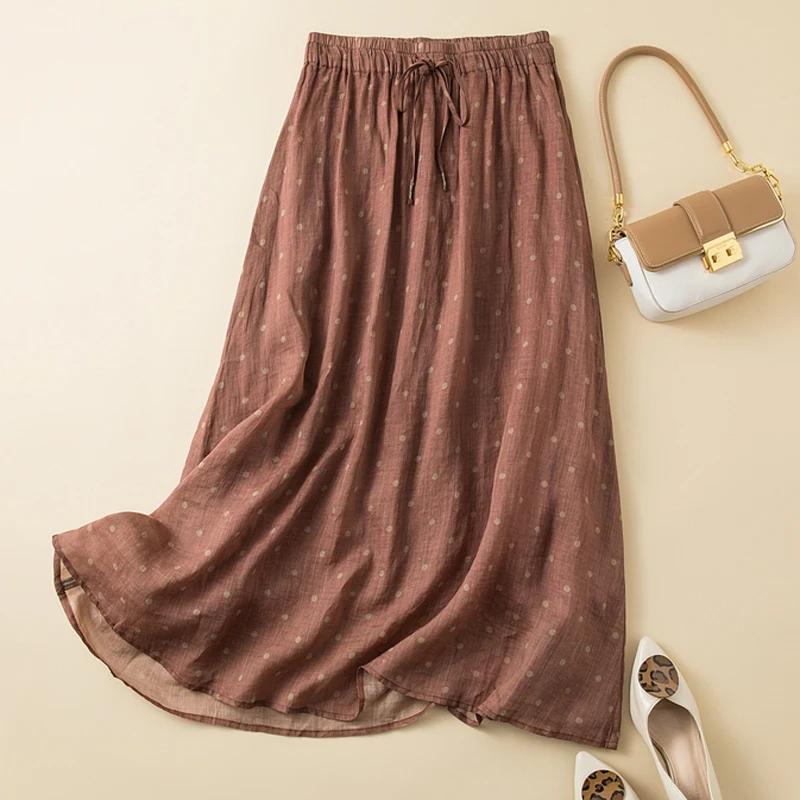 

Summer Vintage Polka Dot Print Cotton Linen Long Skirt Women's f-length A-line Gown Midi Skirt Flared Skirt