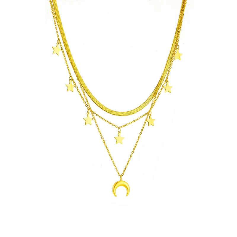OIMG 316L Stainless Steel Gold Plated Multilayer Chain Moon Star Tassel Pendant Long Necklace For Women Party Jewelry Waterproof