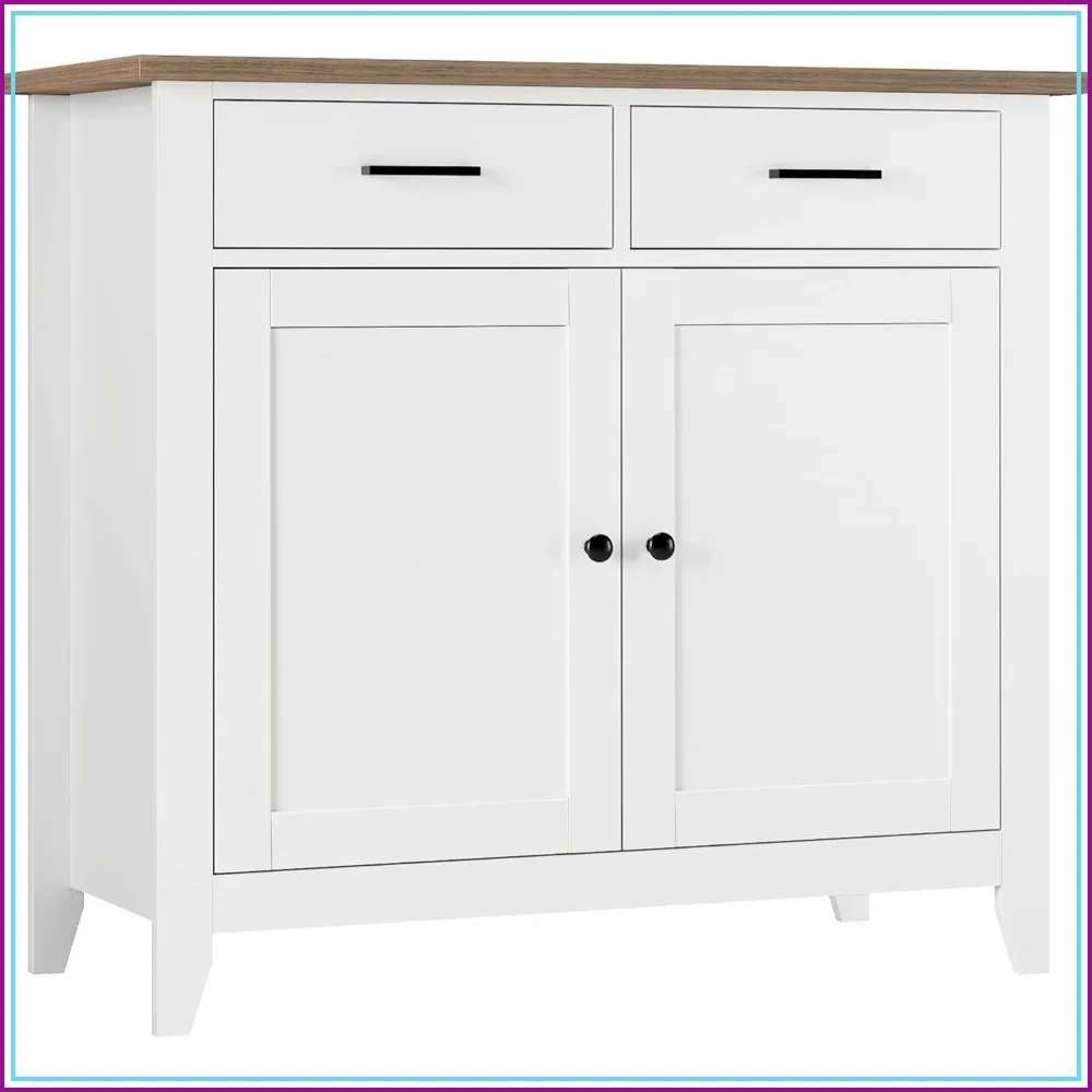 Farmhouse Kitchen Storage Cabinet, Small Buffet with Doors, Coffee Bar, White