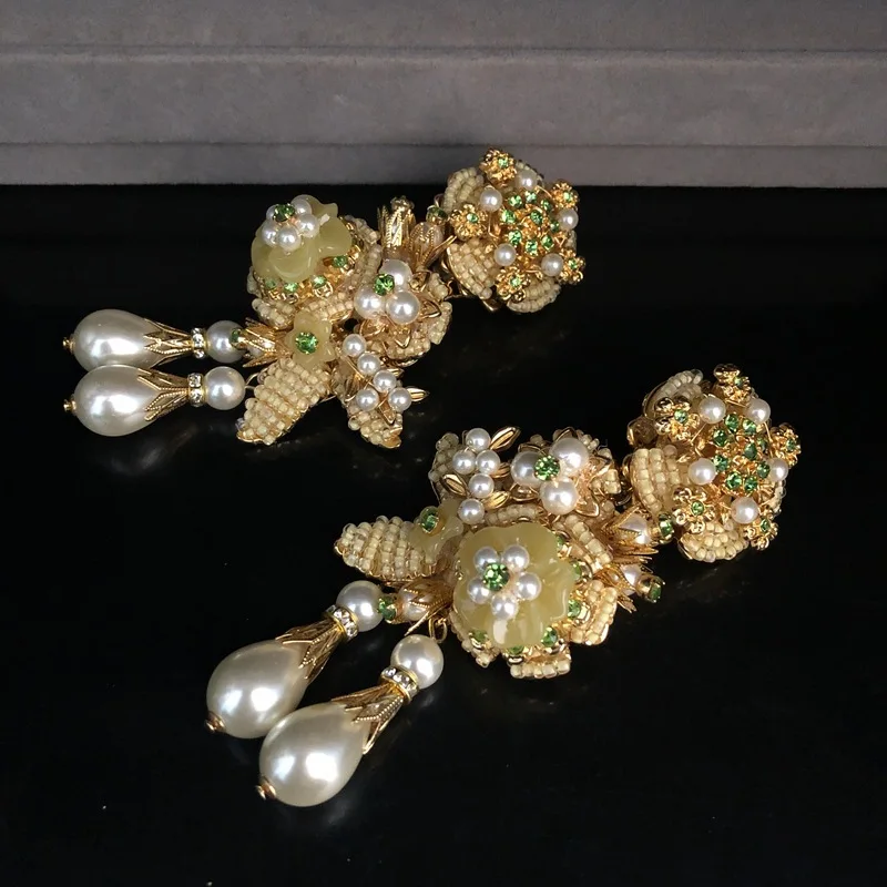 European And American Retro Style Earrings Handmade Woven Flower Earrings Long Shoulder Sweeping DelicateGlass Pendant Ear Clip