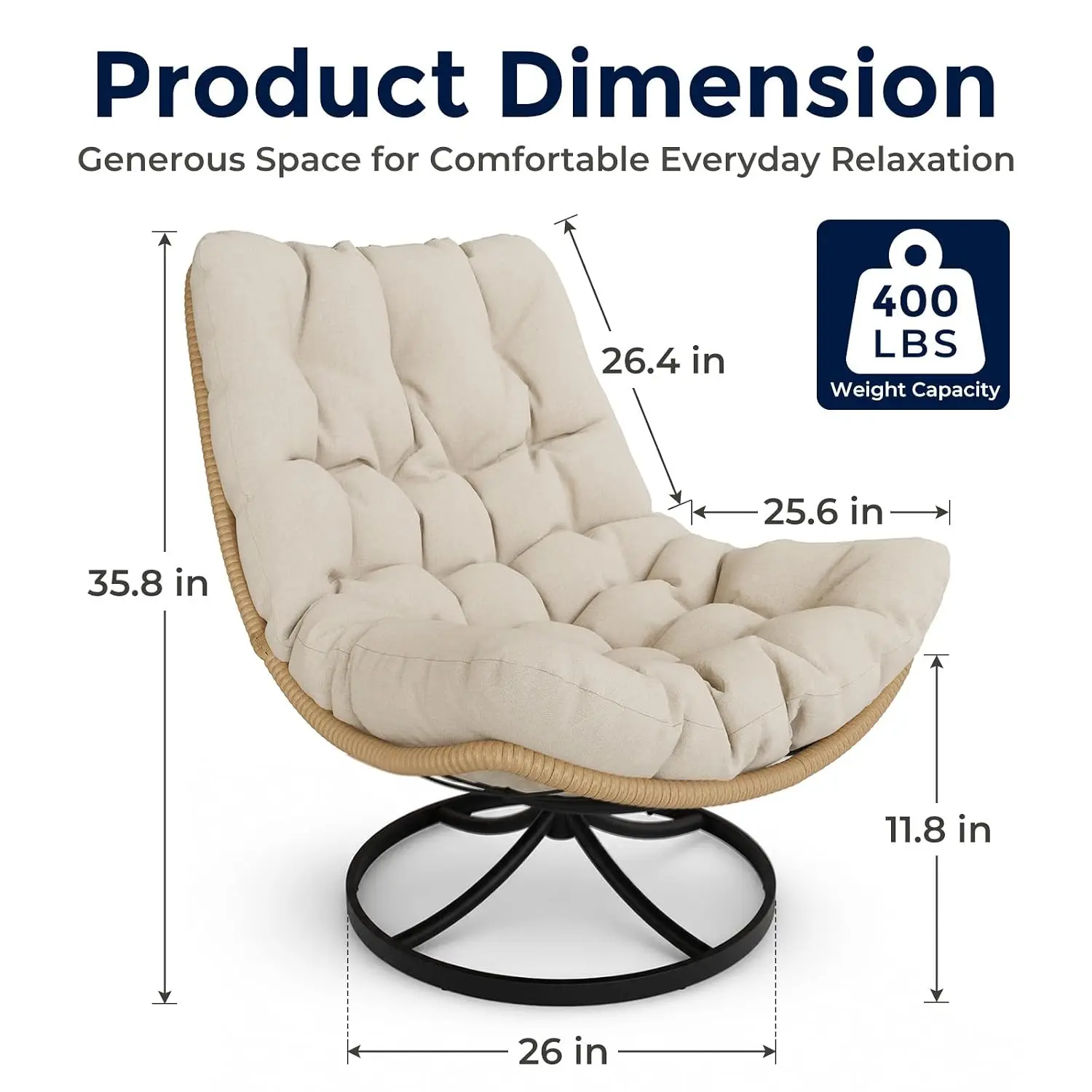 Swivel Wicker Lounge Chair, 360° Rotating Rattan  with Thick Cushion, Oversized Egg Chair Steel Base for Balcony Porch