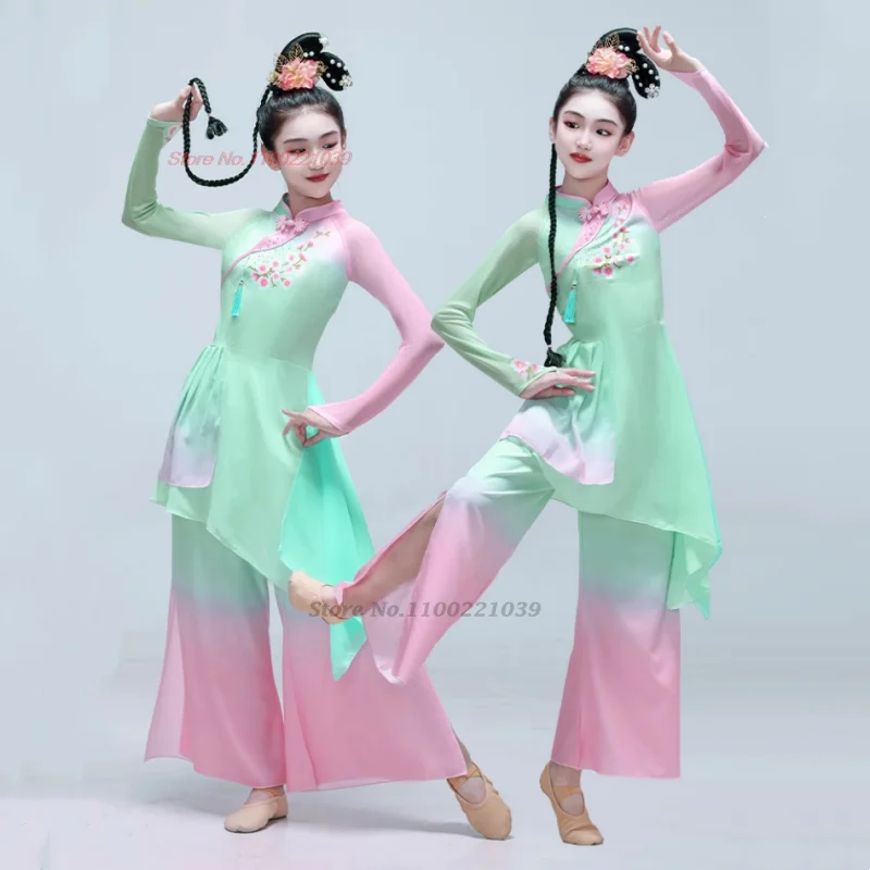 

2024 chinese children vintage dress national gradient color qipao tops+pants set festival stage dress oriental performance dress