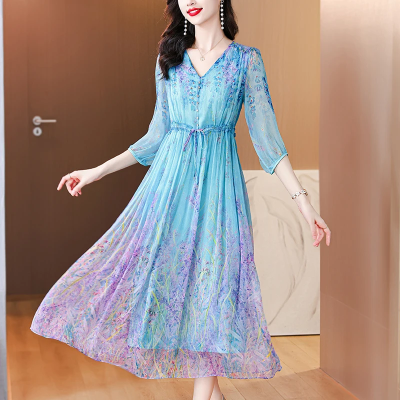 

Women's 2024 Summer New French V-neck Flower Print Blue Silk Dress Belt Waist Waist Length Knee Length A-line Skirt