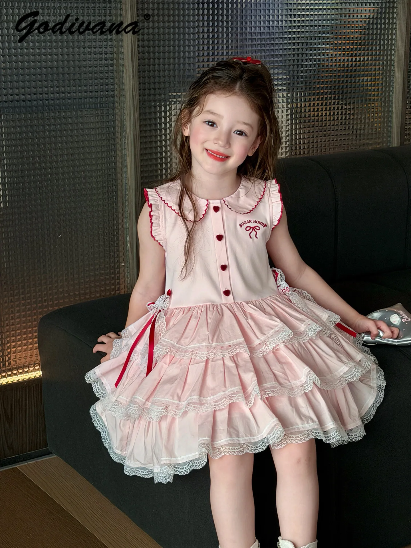 Sweet Baby Girls Peter Pan Collar Dress Kids 2026 Summer New Feifei Sleeve Lace Trim Bow Pink High Waist Casual Tiered Sundress