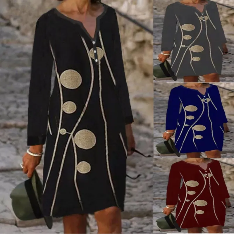 

Autumn / Winter 2021 New Long Sleeve Polka Dot Print Button Middle Length Dress