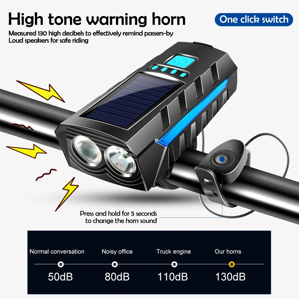 경적 130DB 경적 태양 충전 초경량 자전거 헤드 라이트 MTB 도로 자전거 전면 램프 손전등 자전거 라이트와 자전거 헤드 라이트