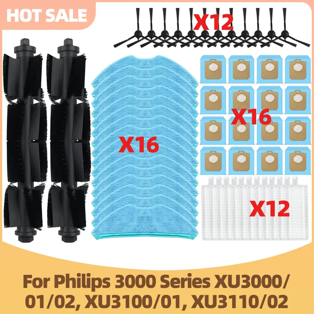 Kompatibel für Philips 3000 Series XU3000/01/02, XU3100/01, XU3110/02 Staubsaugerteile Hauptbürste Seitenbürste Staubbeutel Filter Mopptuch Ersatz-Zubehör