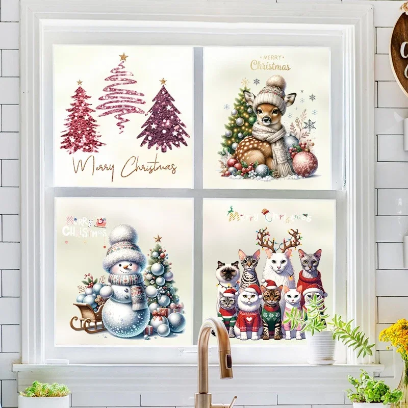 Festive PVC wall decals featuring reindeer, jolly Santa, cheerful snowman, and playful cats — waterproof, colorful, American-sty