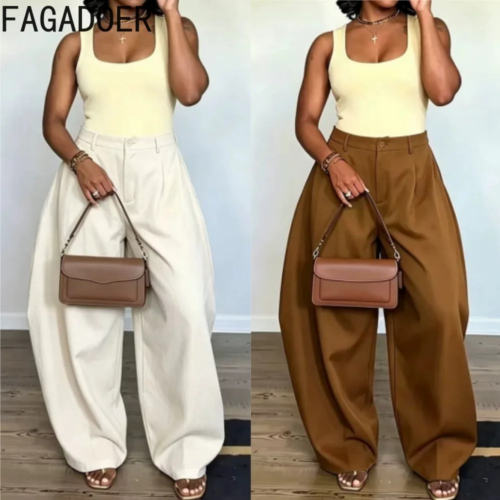 FAGADOER Elegant Wide Leg Pants for Women High Waist Loose Fit Pleated Trousers Fall Winter Casual Office Workwear Street Style