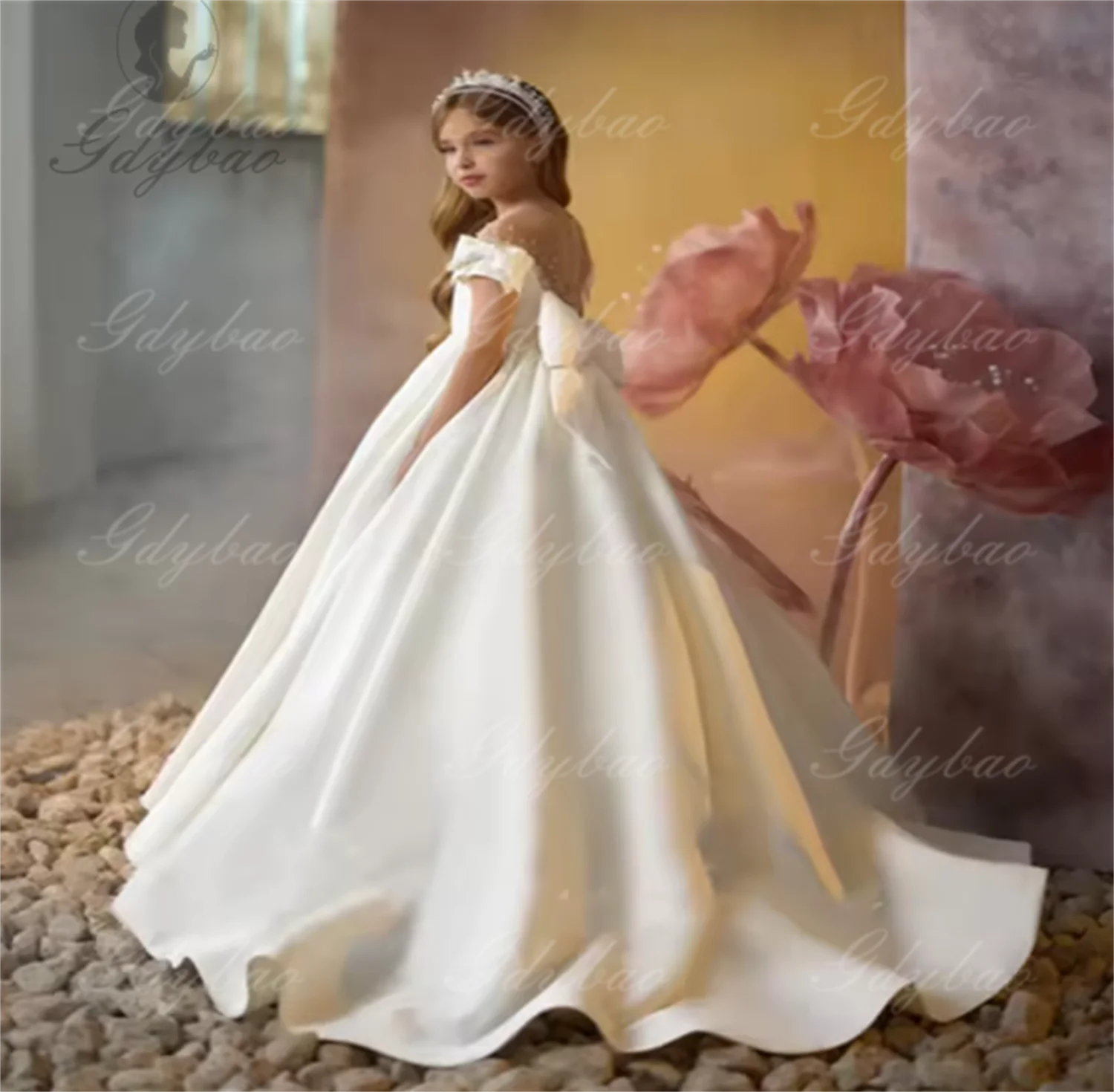 

Bridesmaid Wedding Satin Dress Beautiful Flower Girl Dress Off Shoulder Princess Dresses for Girls Satin Ball Gown