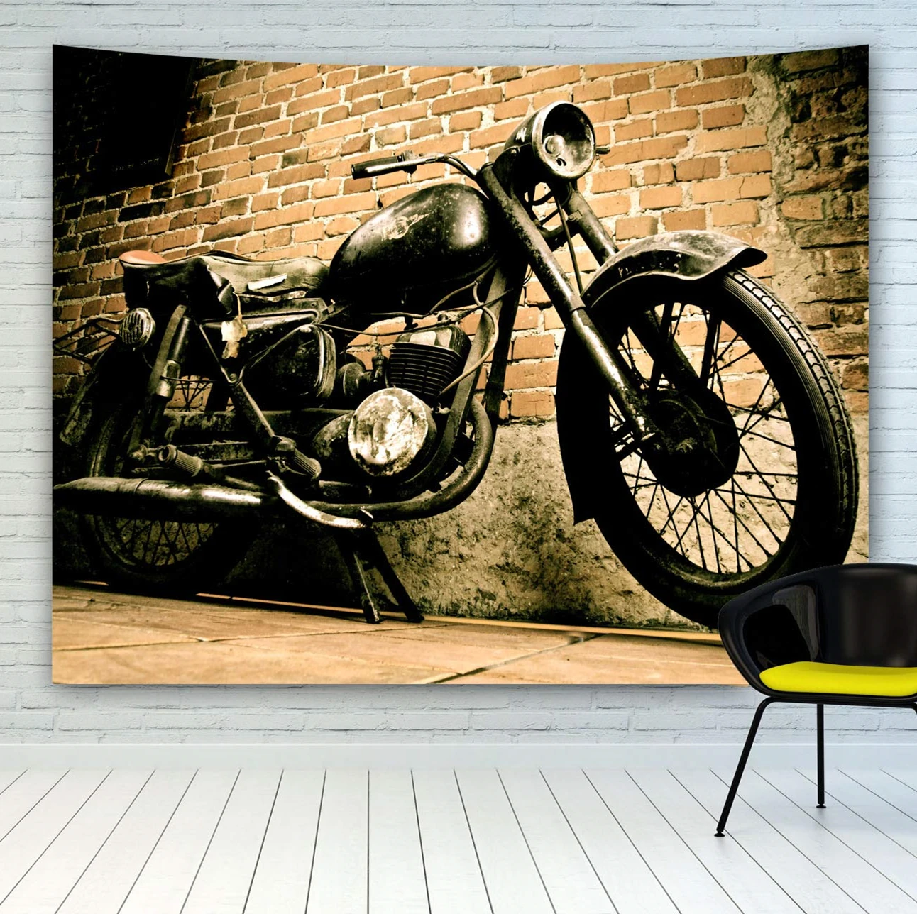 Vintage Retro Motorcycle Tapestry Wall Hanging,Old Grunge Motorbike Near Antique Brick Wall Tapestry for Bedroom Livingroom Dorm