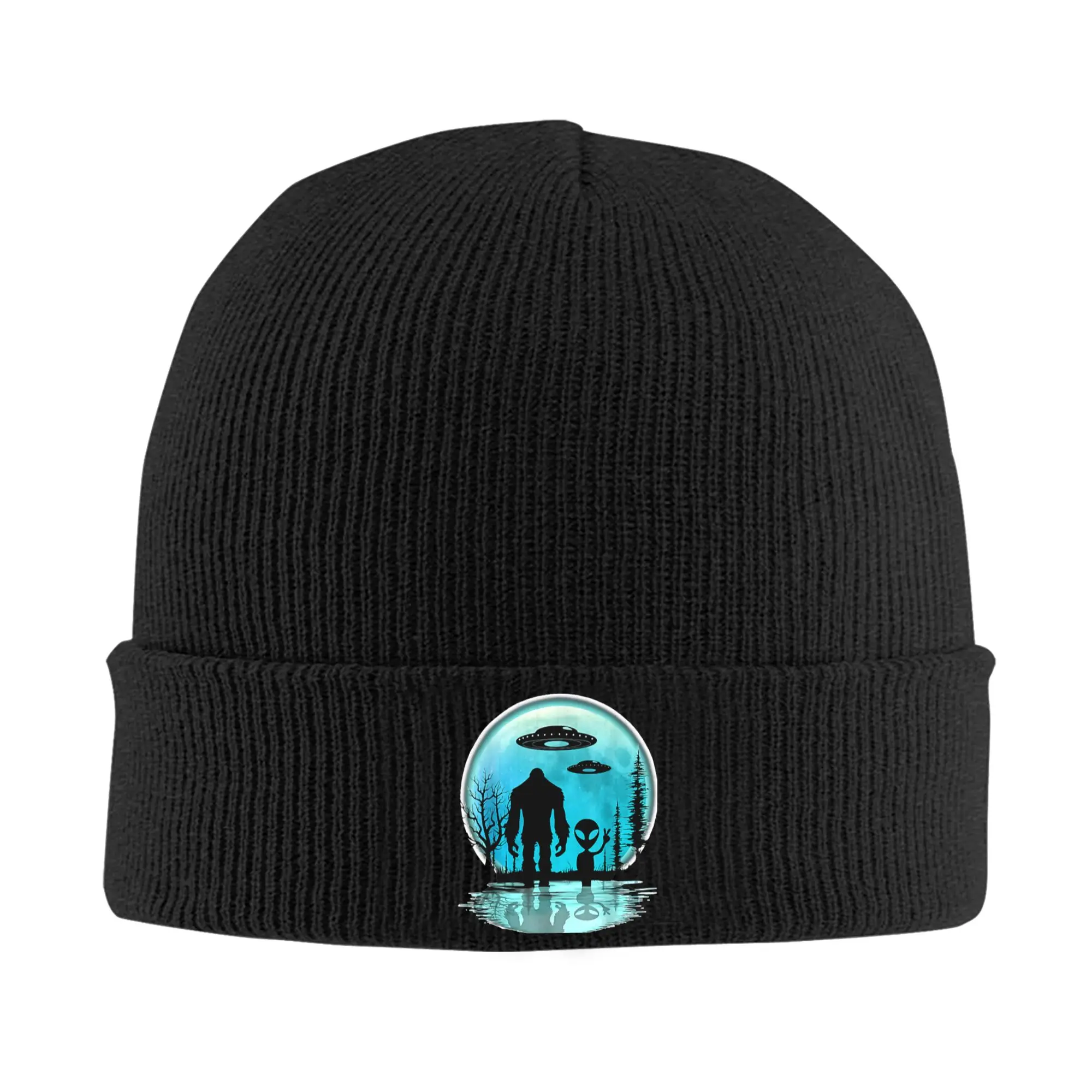 Alien and bigfoot moon Cryptids  Hats Autumn Winter Skullies Beanies Warm  Caps Men Women Acrylic Knitted Hat,