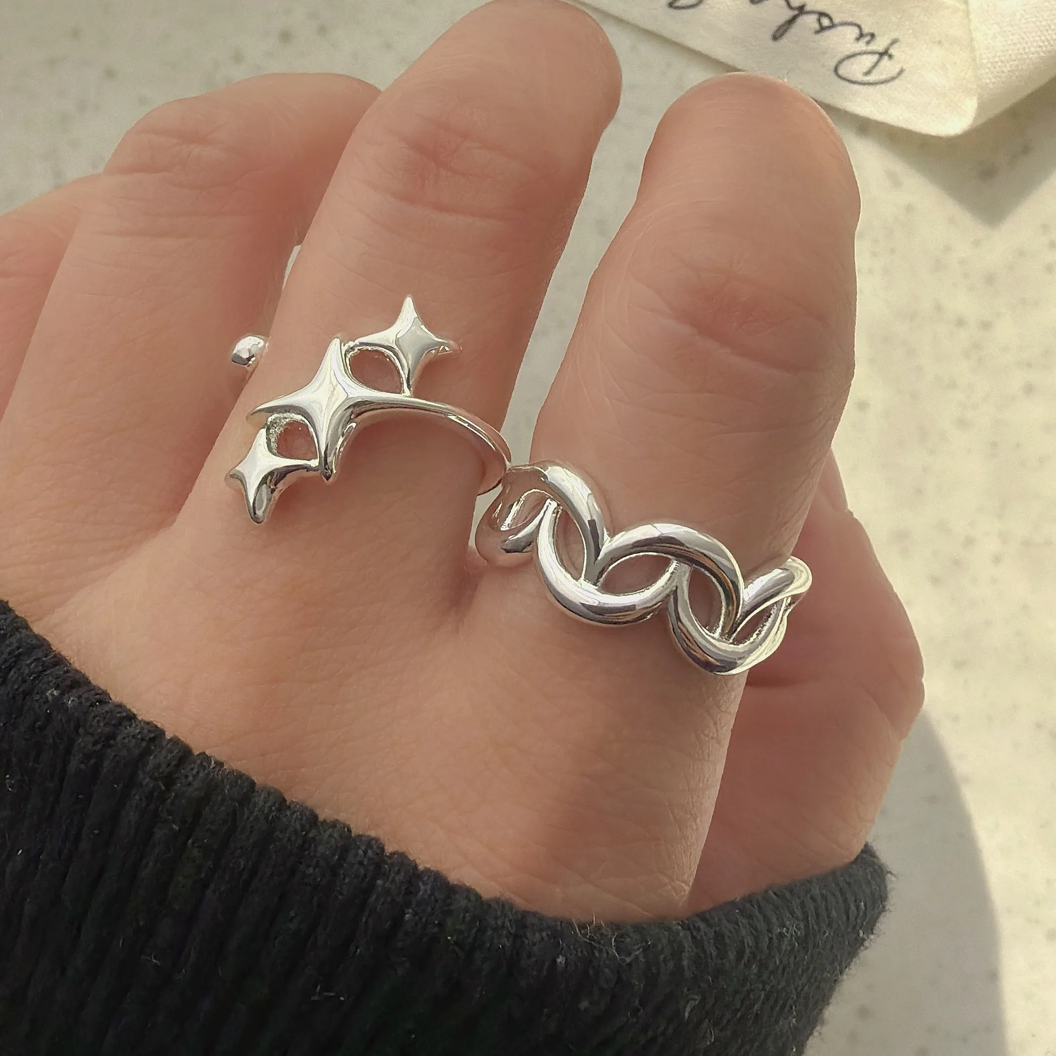 925 Sterling Silver Rings for Women Couple Minimalist Handmade Simple Moon Star Ring Fine Jewelry Gift Prevent Allergy