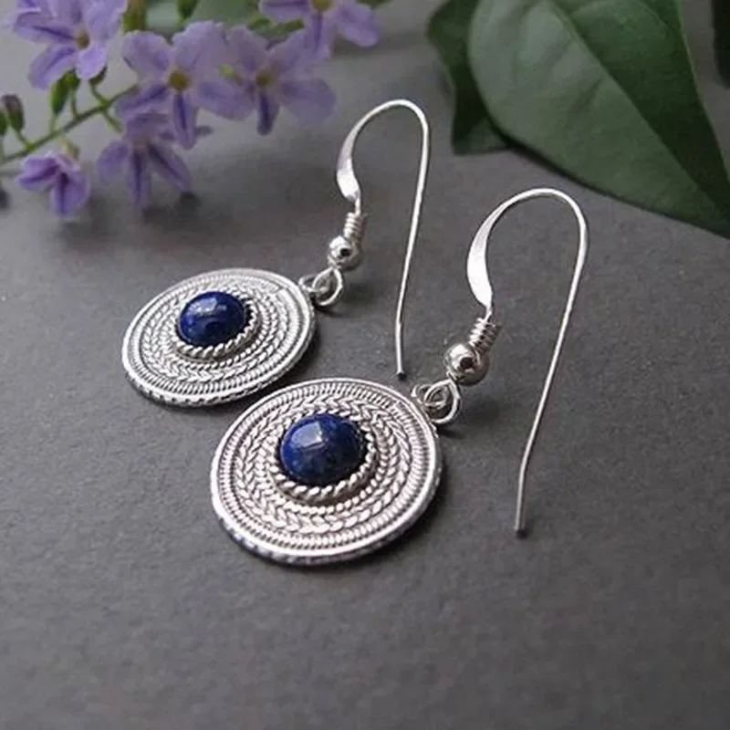 Vintage Ethnic Faux Lapis Lazuli Drop Earrings for Women Bohemian Creative Dark Blue Personalized Earrings Jewelry Accessories