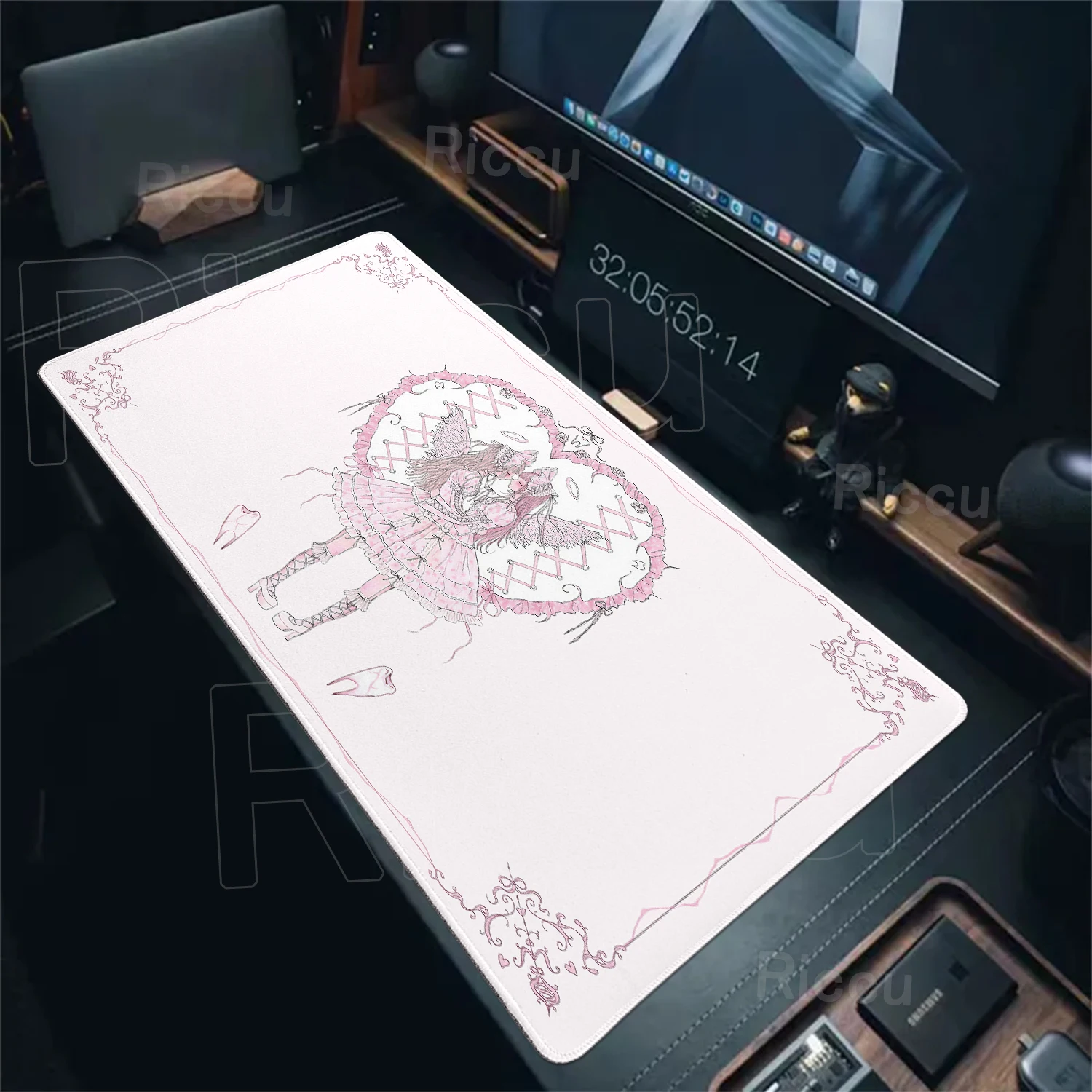 Rosa-weißes großes Mauspad, Ästhetik, Liebe, Gaming-Mauspad, Gothic-Engel, für Büro und Gamer, glatte Oberfläche, rutschfeste XXL-Schreibtischunterlage