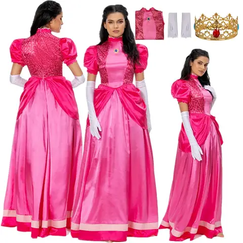 Costume da principessa cosplay color pesca, travestimento per donne adulte, guanti, corona, fascia per capelli, abiti, vestito da festa di carnevale di Halloween