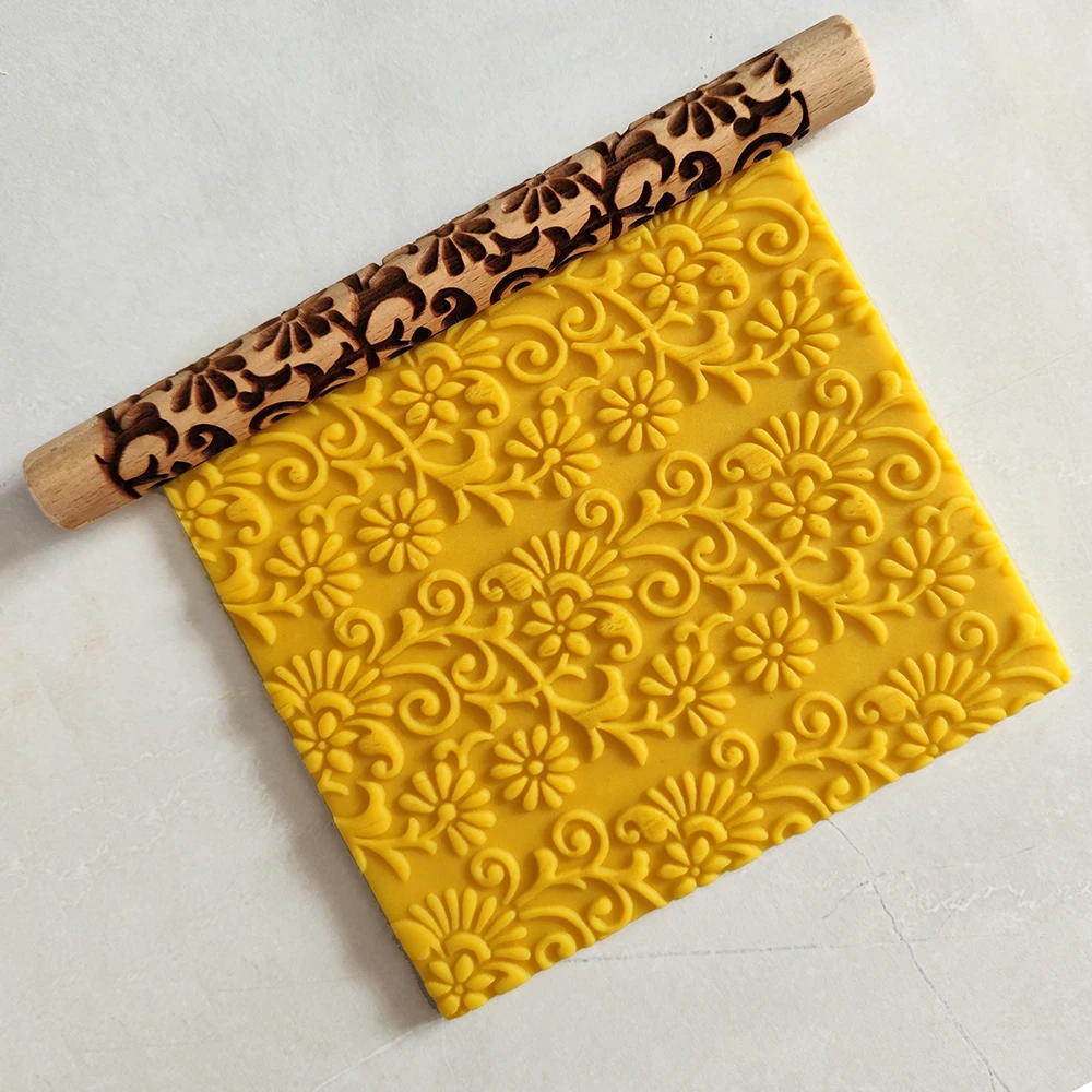 Flower Design Natural For Cookies DIY Baking Dough Fondant 3D Wooded Embossed Rolling Pins