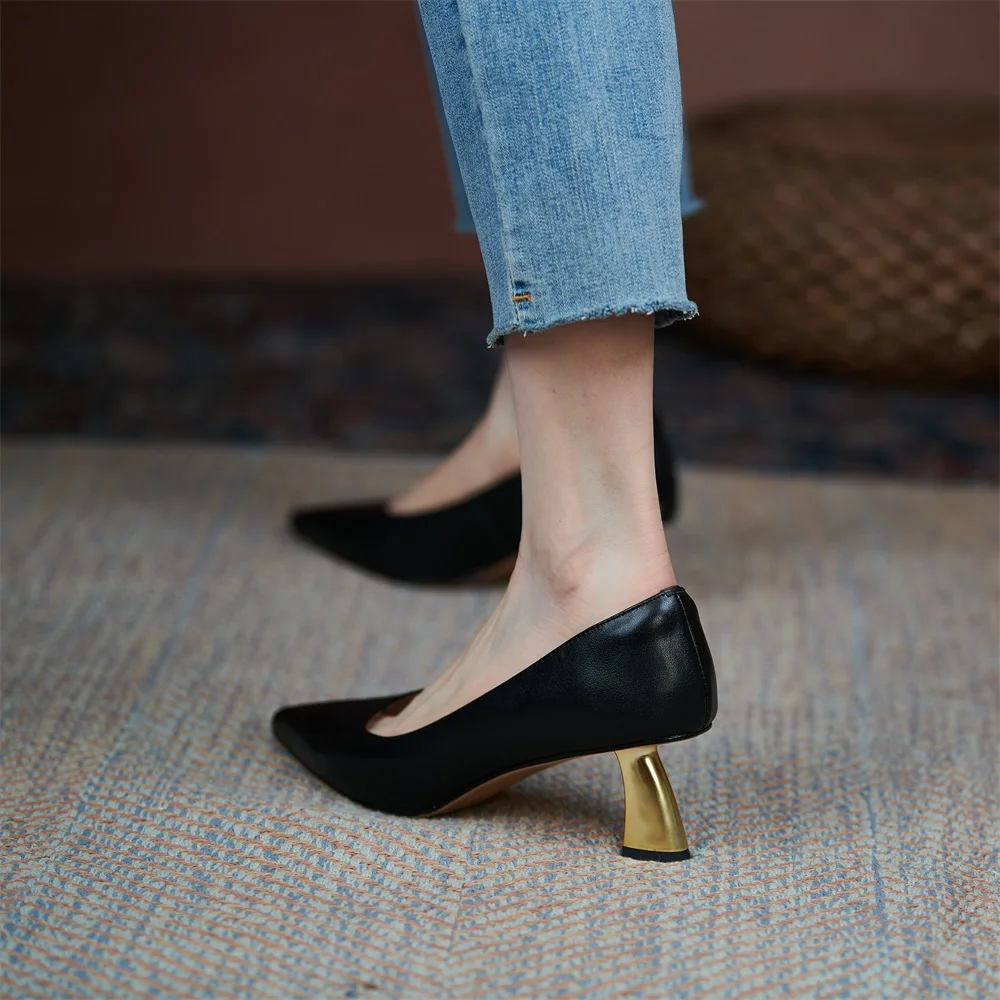 Taoffen Spring/Autumn Women\'s Pumps Real Leather Pointed toe High Heel Fashion Slip On Thin Heels Solid Casual Office Lady Shoes