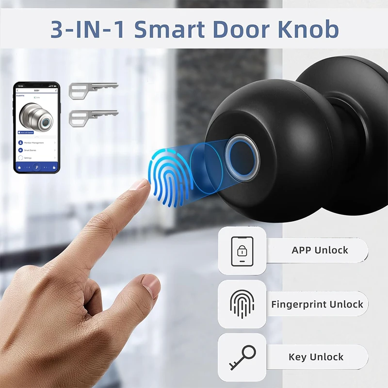 Smart Door Knob Fingerprint Door Knob Smart Door Lock with App Control Bluetooth Cylindrical Automatic Digital Knob for Home