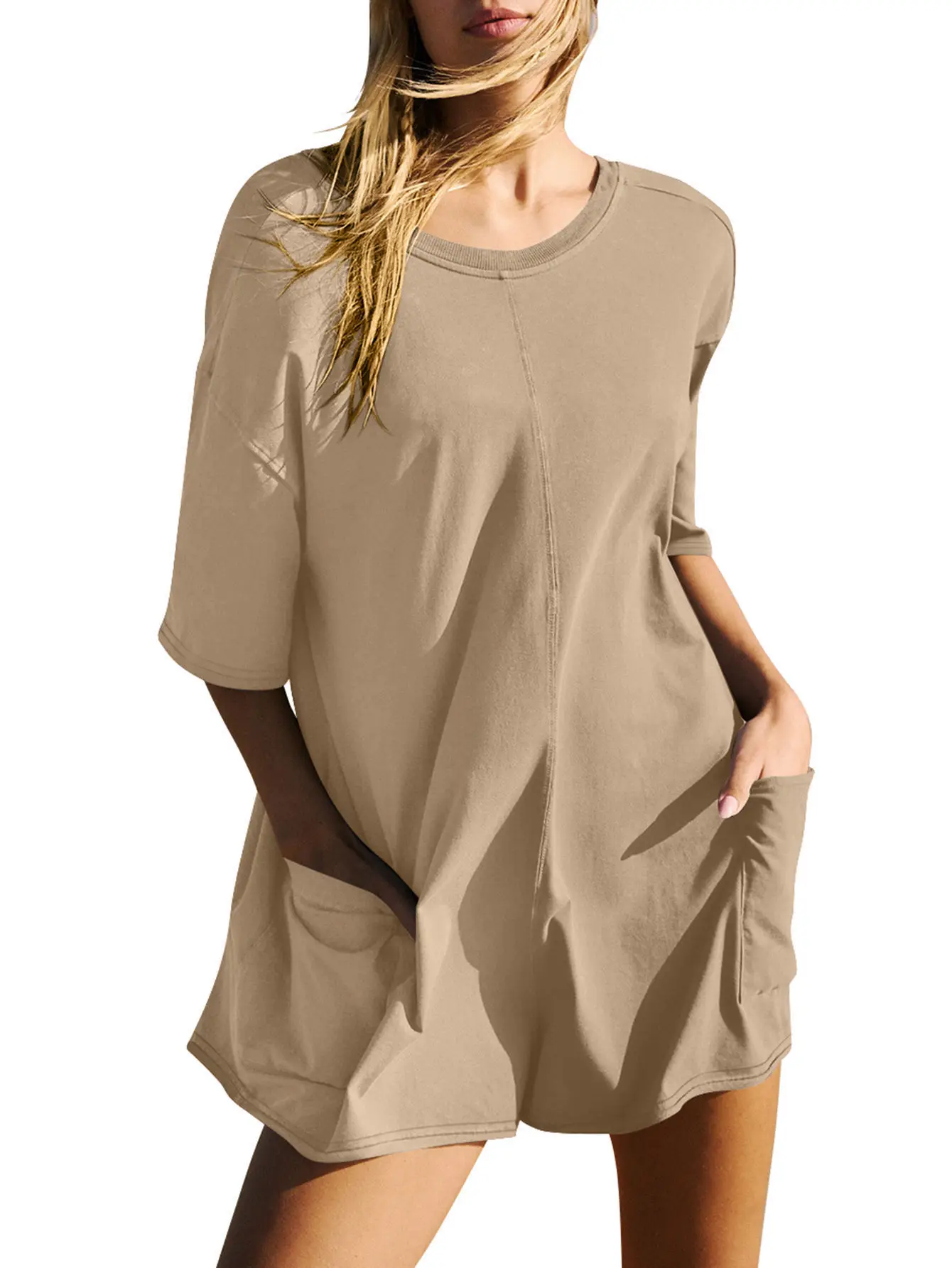 

Women's Casual V-Neck Open Back Short Sleeve Loose Fit Pocket Jumpsuit | 2025 Summer New Arrival