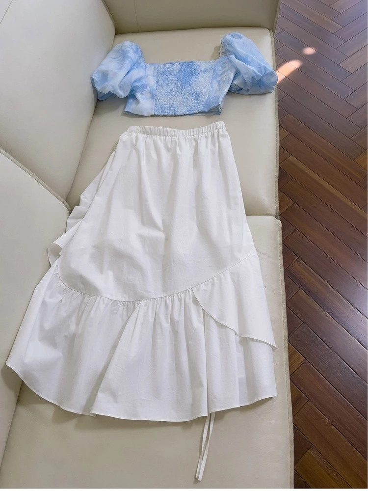 French Retro Square Neck Puff Sleeves Blue Printed Short Top Elastic High Waist Shirring Irregular White Skirt 2 Piece Set Women