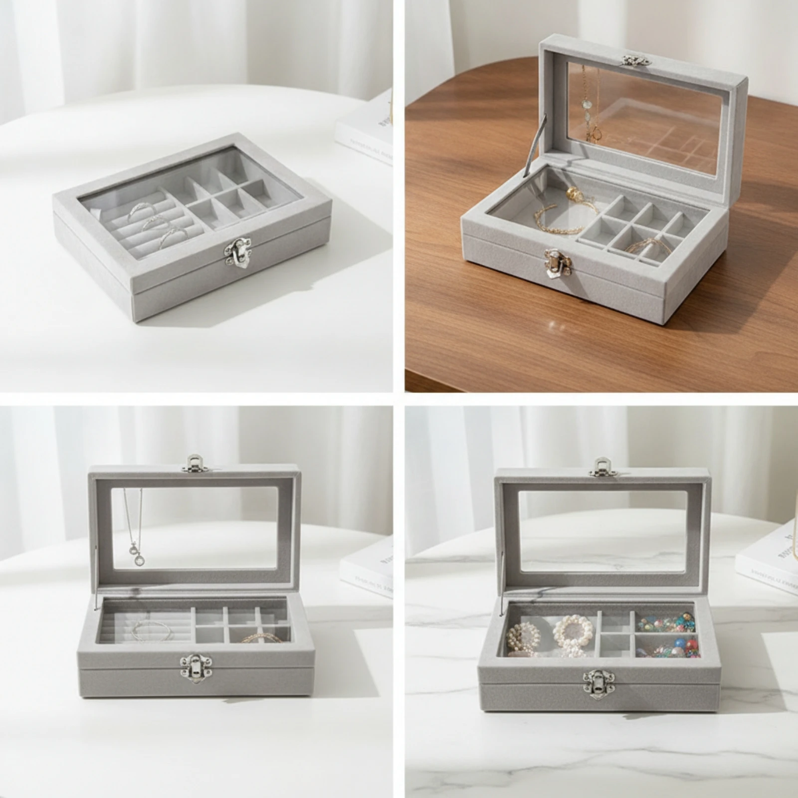 Jewelry Box with Glass Window Rectangular Jewelry Box with Window Organizer Hinged Divided for Women, Dressing Table, Vanity