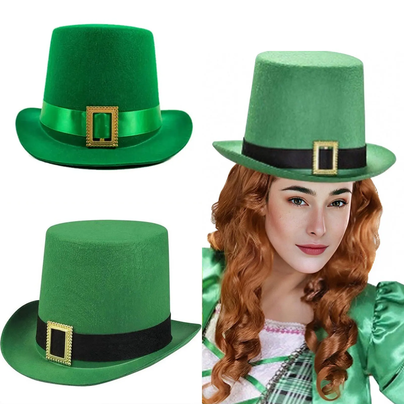 Chapeau haut-de-forme vert à la mode, chapeaux Fedoras à large bord, chapeau de Jazz pour hommes, casquette de soleil d'extérieur, Halloween, vacances irlandaises, décors de performance festive
