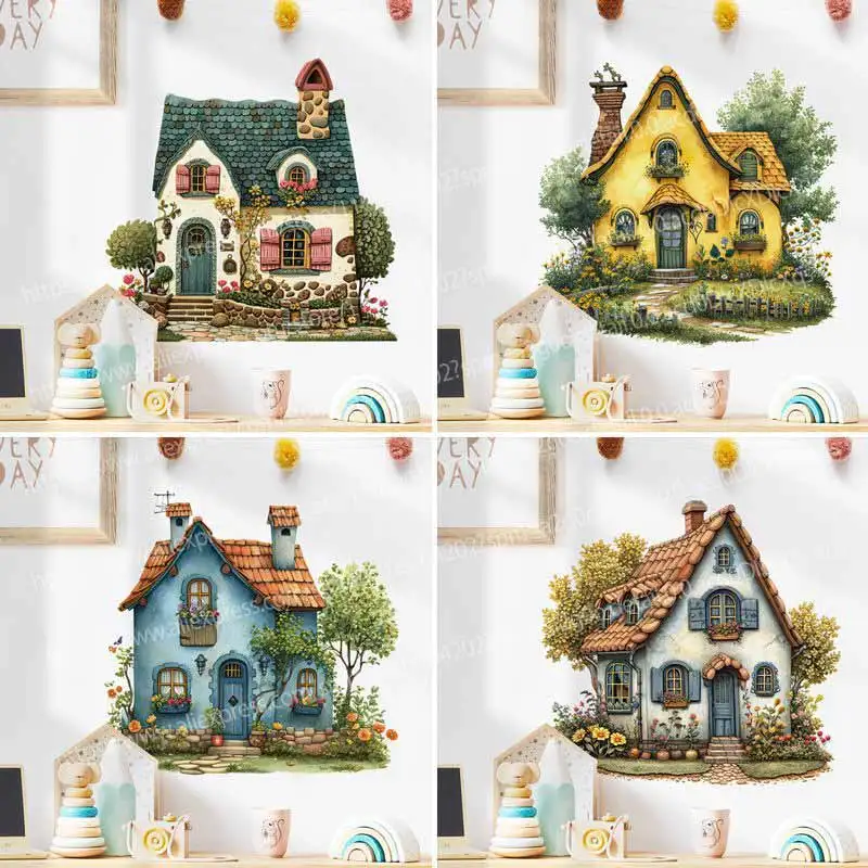 Cartoon Country House Wall Stickers Self-Adhesive Kids Room Kindergarten Classroom Decor Building Theme Educational Decor AA413