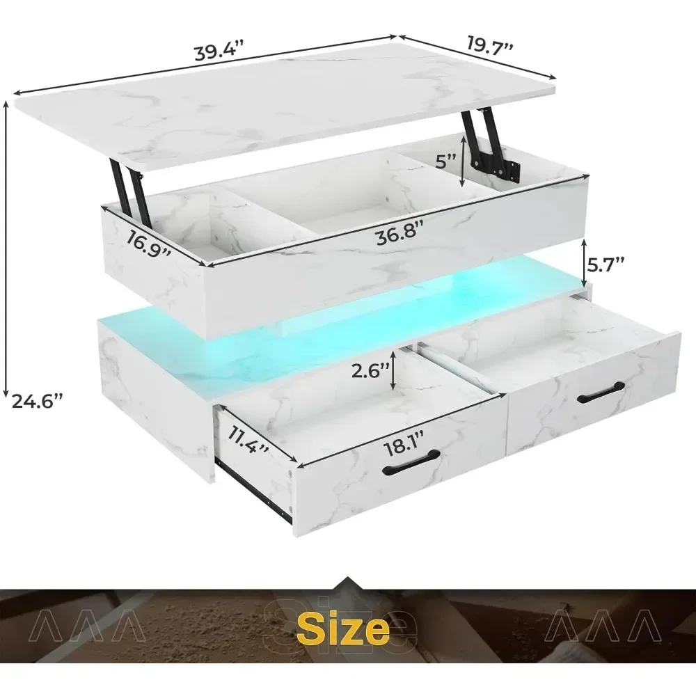Mesa de centro elevatória de 40 polegadas, mesa de centro da sala de estar com armazenamento, mesa de centro pequena com 2 gavetas e luz LED