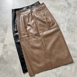 Fashion Mid Length Women Real Sheepskin Skirts Vintage Brown Front Split Female High Waist Skinny Hips Genuine Leather Skirts