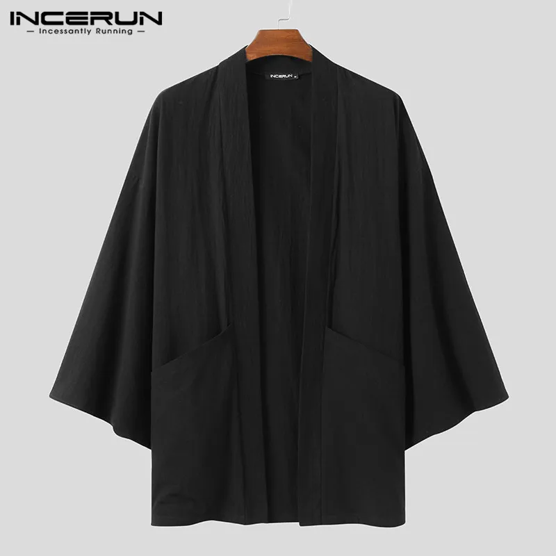 INCERUN Fashion Men Trench Solid Coats Open Stitch Long Sleeve 2024 Casual Japanese Kimono Streetwear Cotton Outerwear Cardigan