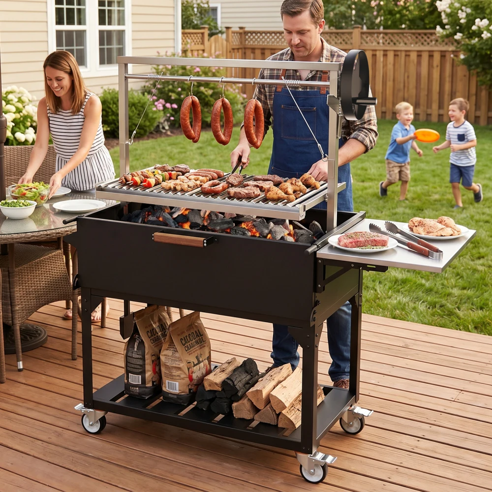 Argentine Santa Maria Wood Charcoal BBQ Grill, Adjustable Height Grates, Foldable Stainless Steel Table for Outdoor Asado