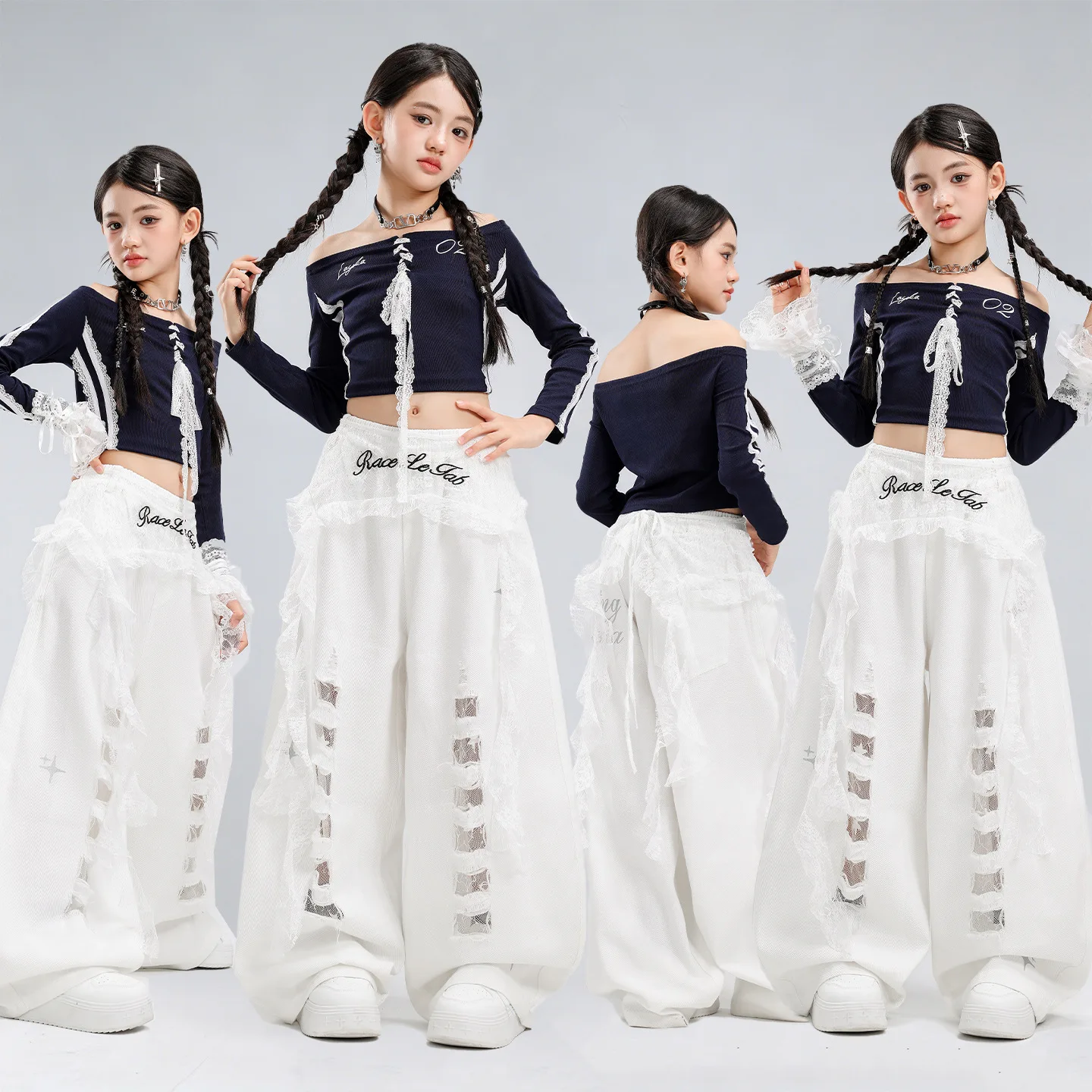 Girls K-pop Red Lace Crop Tops Street Dance Jeans Pants Kids Hip Hop Jazz Clothes Set Children Streetwear Childen Group Costumes