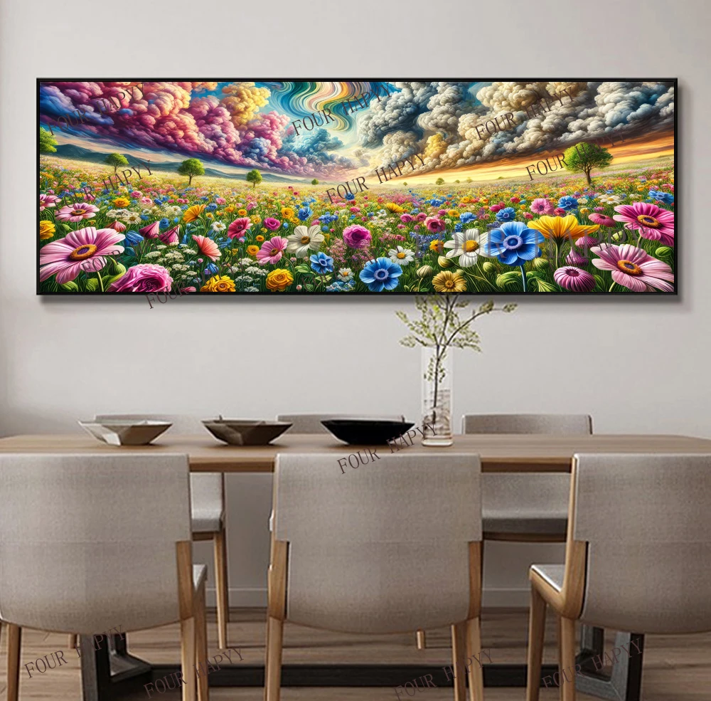 5D DIY Large Diamond Painting Cross Colorful Wildflowers Clouds Landscape Wall Art, Full Round Drill, Embroidery Home Decor