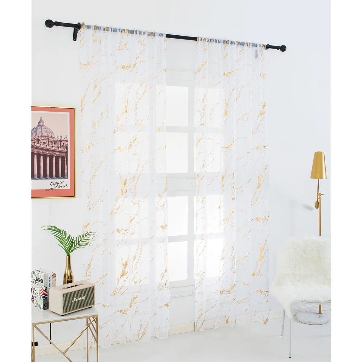 

1Pcs Marble Texture Sheer Curtain Bronzing Printed Polyester Voile for Living Room Bathroom Bedroom Window 100x200cm Golden Half