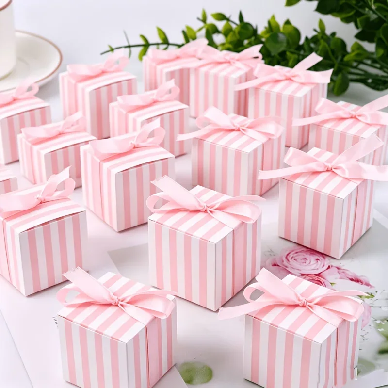 50pcs Pink White Striped Gift Box with Pink Satin Ribbon Bow Cute Girlish Jewelry Favor Packaging Box Holiday Party Wedding Gift