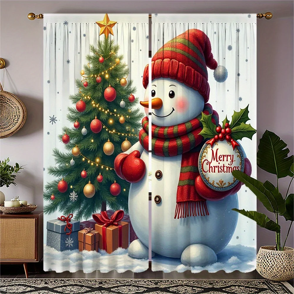 2pcs Festive Christmas Curtains - Snowman & Christmas Tree Design with 