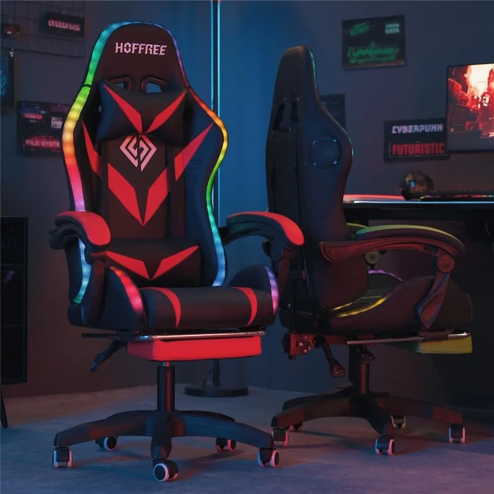 HOFFREE Gaming Chair Massage with Bluetooth Speakers and Led Lights Ergonomic Computer Gaming Chair with Footrest RGB Video Game